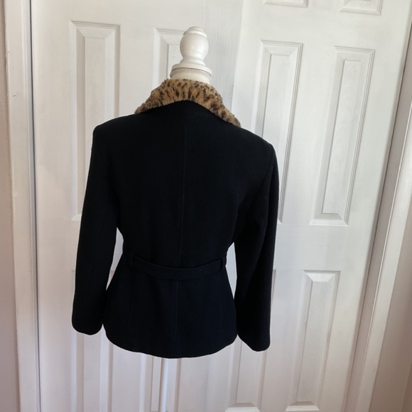 Women’s Jason Kole Waist Length Belted Wool Jacket with Animal Print Fur Collar - Picture 4 of 14